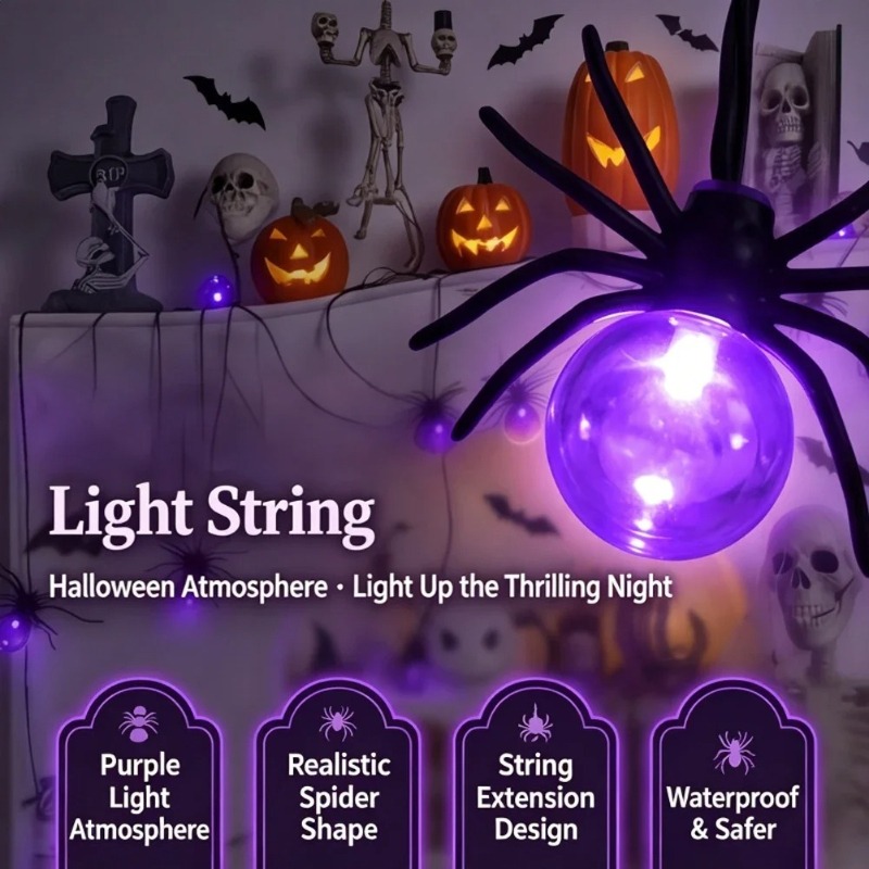 Power Outdoor - Batteriebetriebene Spinnen-LED-Lichterkette, Halloween-Außendekoration für Garten und